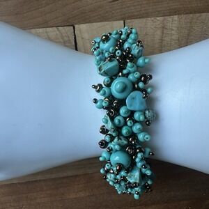 VTG QVC ChaCha Bracelet 7.25 Inch Turquoise Blue Glass Metallic Covellite Beads